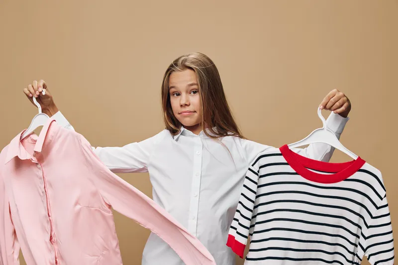 Girl with long hair holding two hangers with casual clothes pink blouse and striped t shirt in studio with beige background for fashion or lifestyle concept.