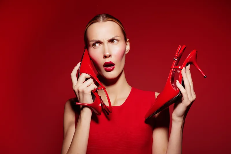 Young woman in red dress holds red high heels near face with surprised expression on red background. Concept of fashion, style, footwear, and emotions in studio lighting.
