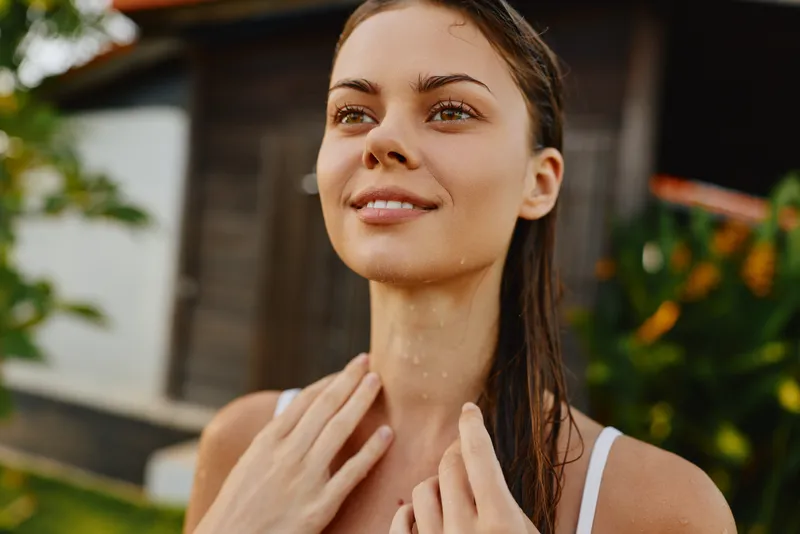 A young woman with long dark hair smiles gently outdoors near a house, touching her neck. The warm natural light highlights her clear skin and relaxed lifestyle moment.