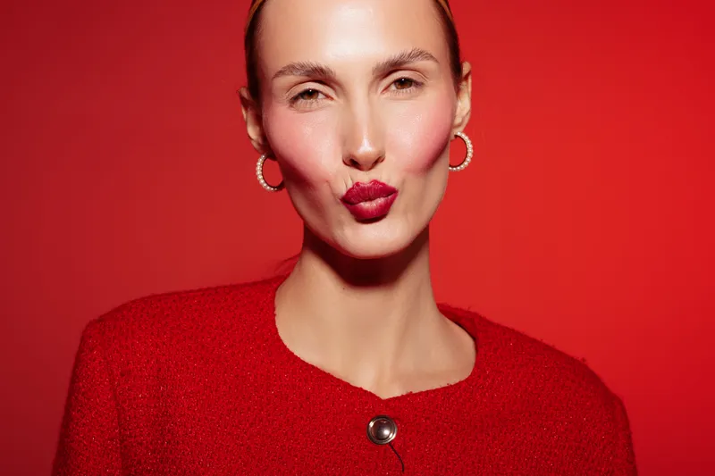 Portrait of a woman with red lipstick and red jacket making a kiss face on red background. Concept of beauty, fashion, makeup, and confident female expression.