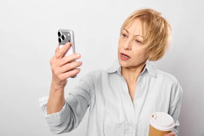 Elderly woman with smartphone and coffee cup indoors, surprised expression, communication and technology for daily life, portrait against white background.