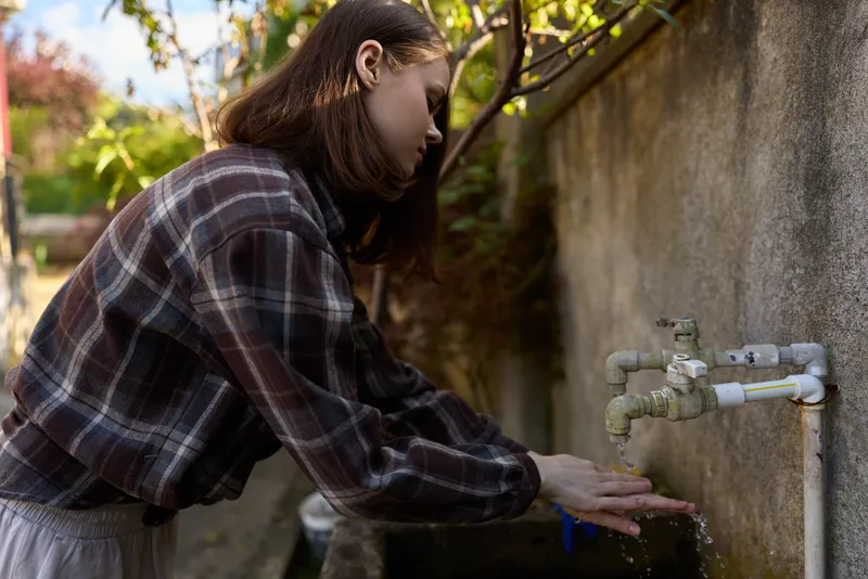 A woman outdoors washing hands at an outdoor faucet near a wall, casual plaid attire, daytime light, conveying a relaxed lifestyle moment of daily self care