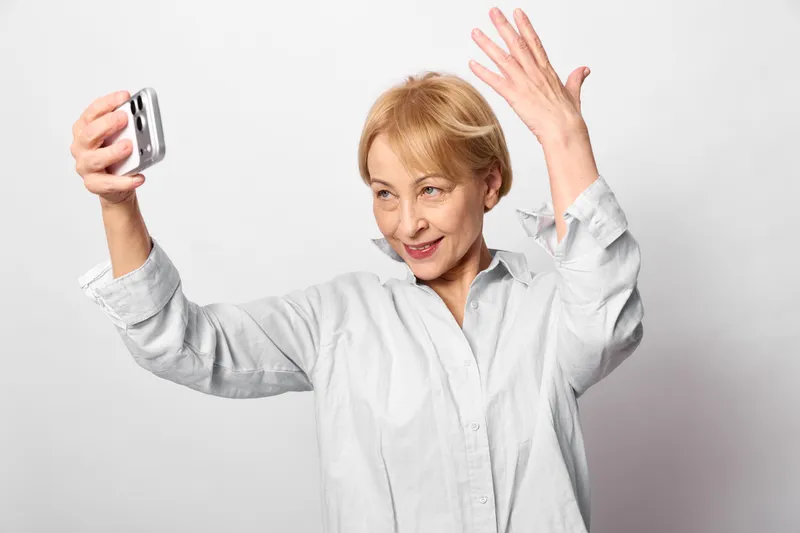 Smiling woman makes a selfie with smartphone and raises hand waving in studio on white background greeting communication casual lifestyle and friendly mood with soft studio light