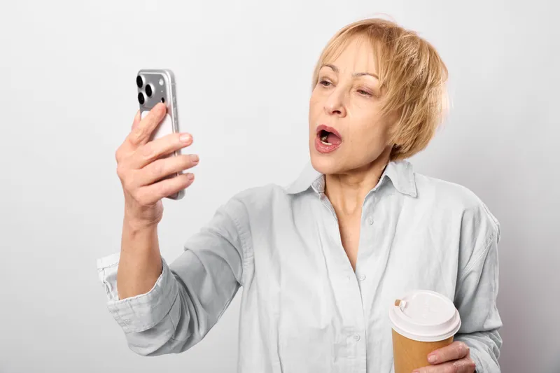 Elderly woman portrait, surprised expression, holding smartphone for communication, coffee takeaway cup in hand, indoor on plain white background, isolated, calm moment