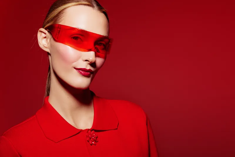 Stylish woman in red outfit and red translucent glasses poses confidently on red background. Fashion concept with bold colors and modern accessories in studio lighting.