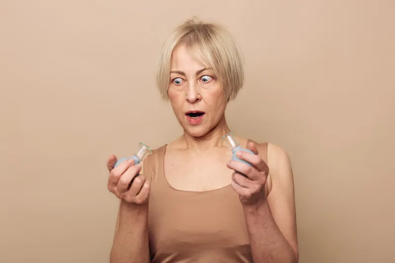 Surprised middle aged woman with short blonde hair holds two small bottles with wide eyes and open mouth on beige background. Concept of confusion, choice, and unexpected discovery.