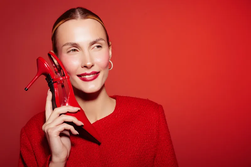 Smiling woman in red sweater holds red high heel shoe near face on red background. Concept of fashion, style, beauty, and vibrant color contrast in studio portrait.