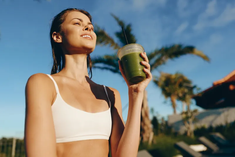 Cheerful woman outdoors, drinking a smoothie, sunlit moment, athletic top, relaxed posture, palm backdrop, blue sky, fresh air, healthy lifestyle, vibrant mood, warm breeze, bright colors