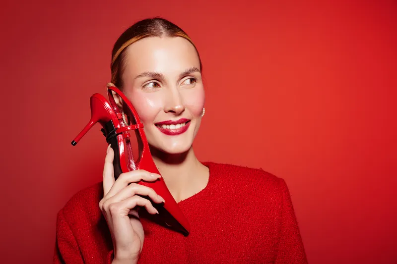 Smiling woman in red sweater holds shiny red high heel shoe near face on red background. Concept of fashion, style, beauty, and glamour with vibrant color contrast.