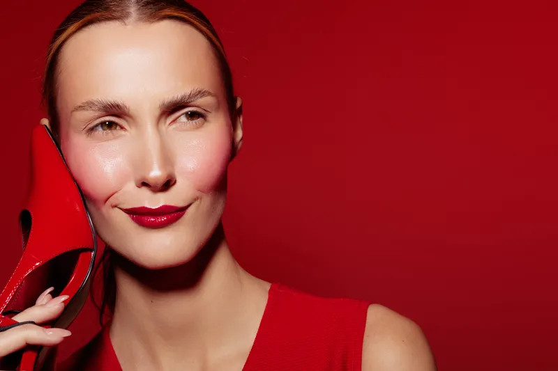 Close-up of confident woman with red lipstick and red dress holding red high heel shoe near face on red background. Concept of fashion, style, and bold beauty expression.