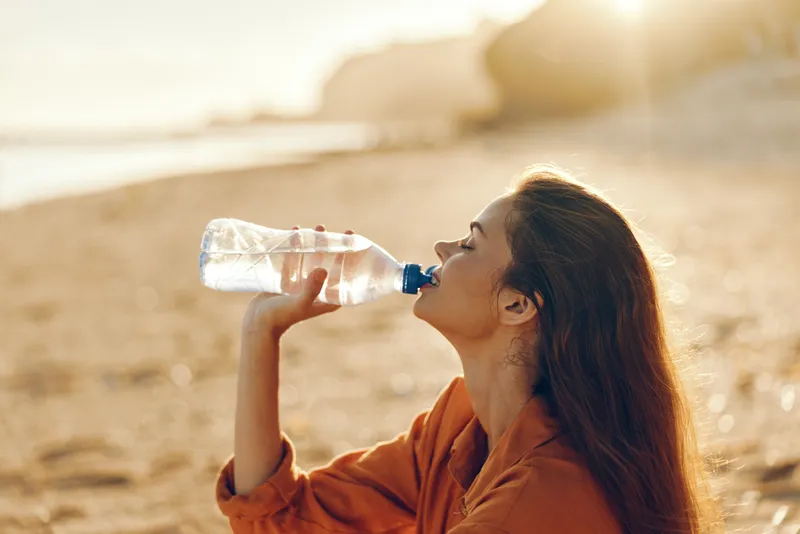 Woman drinking water outdoors on a sunny beach with warm sunlight on her face, plastic bottle in hand. Concept for hydration and health, wellness and fitness in summer active lifestyle
