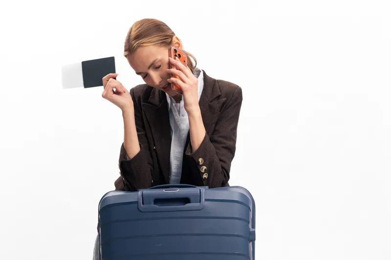 Young woman in a brown blazer holds passport and talks on phone while standing behind blue suitcase. Concept of travel planning, business trip, and communication on white background.