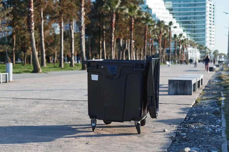Urban scene shows a black wheeled dumpster on a sunny promenade, with palm trees lining the walkway and distant pedestrians creating a quiet city mood.
