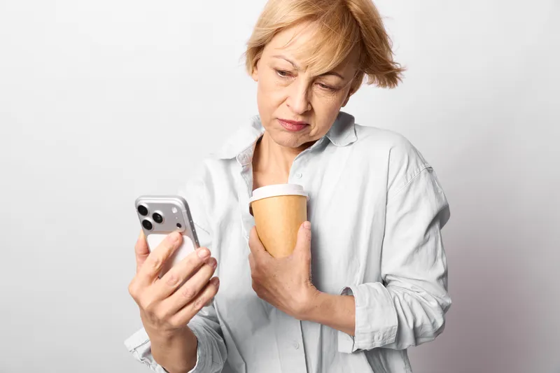Woman smartphone coffee worried elderly indoor portrait, gray shirt, holding cup and reading message on phone, concerned expression, plain light background