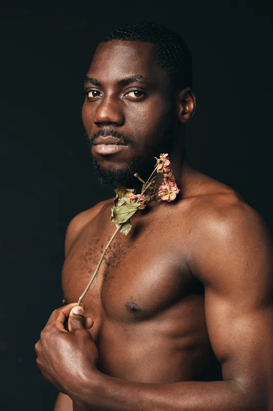 African man with dark skin holding dried flower on bare chest in creative conceptual visual style. Portrait of male model with serious expression on black background for artistic photo series.