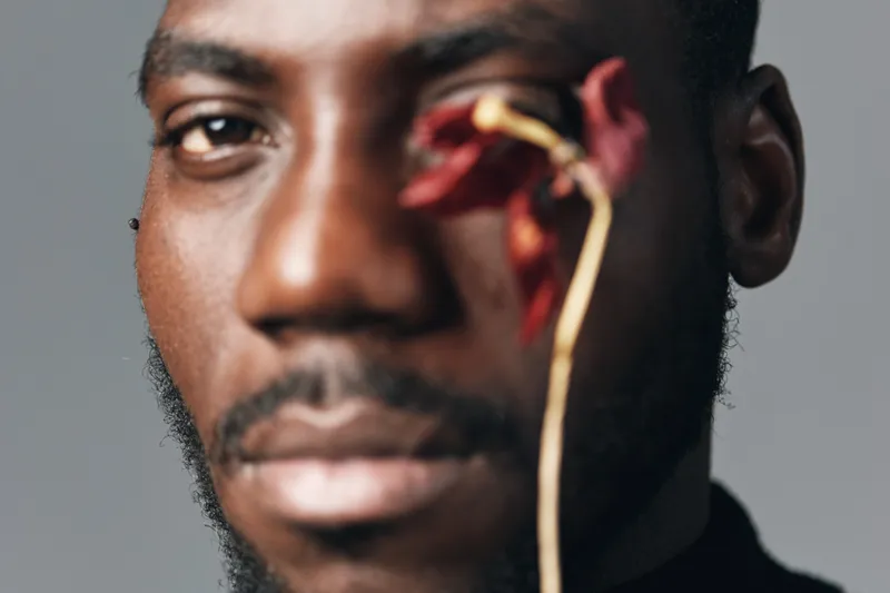 African man with dark skin and beard holding dried red flower near face in creative conceptual visual style with closeup portrait and artistic expression on gray background.