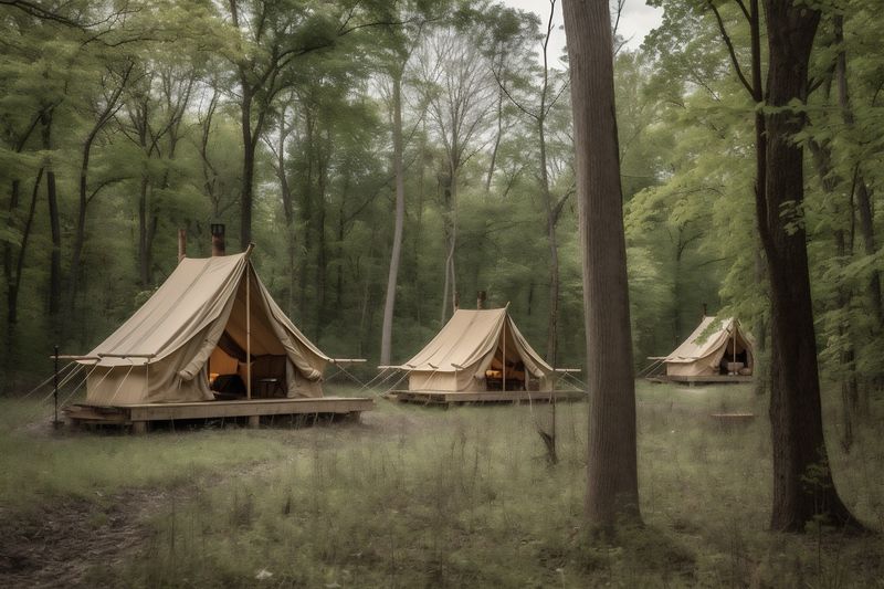 vacation luxury travel tent nature light camping forest glamping canvas. Generative AI.