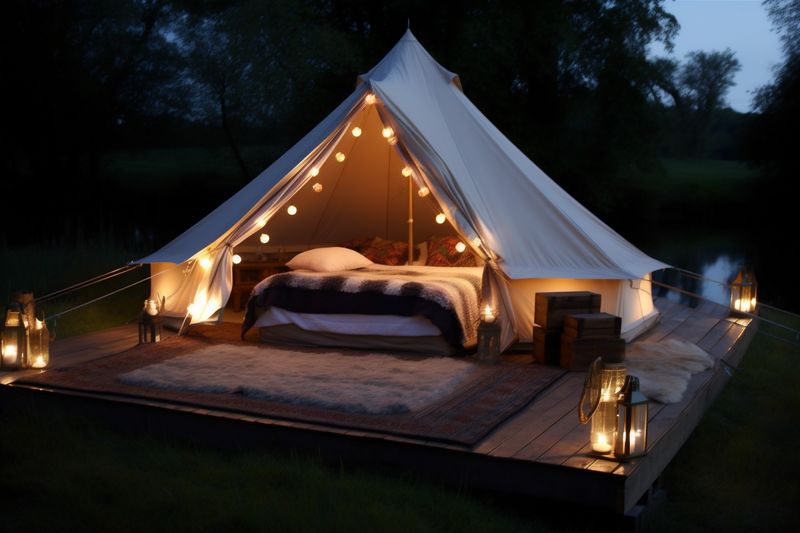 canvas camping nature luxury glamping light forest vacation tent travel. Generative AI.