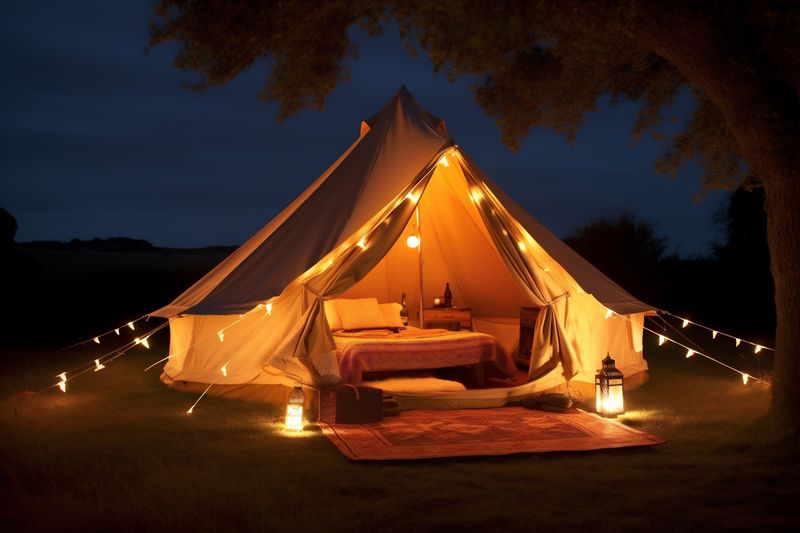light canvas forest glamping nature luxury tent camping travel vacation. Generative AI.