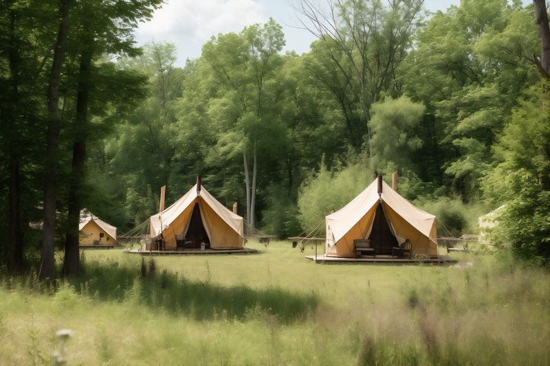 nature camping forest tent glamping canvas luxury light vacation travel. Generative AI.