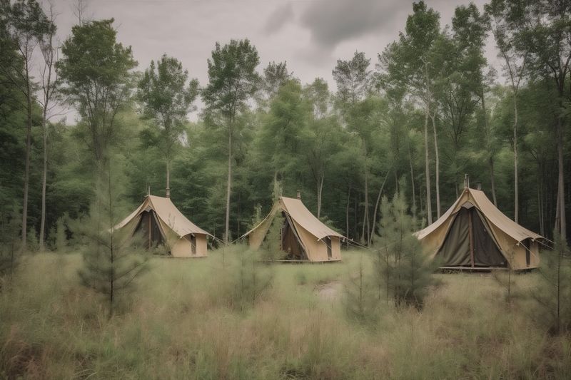 tent forest glamping luxury canvas vacation light travel nature camping. Generative AI.