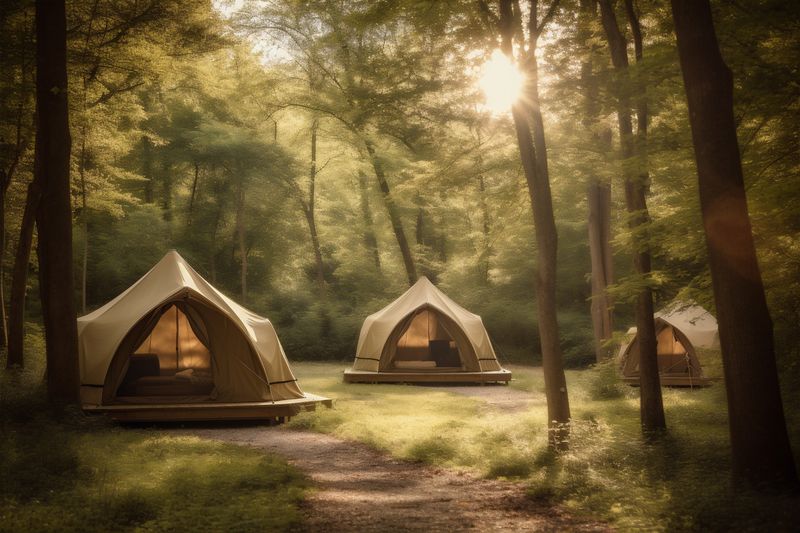 vacation canvas luxury camping travel tent light nature glamping forest. Generative AI.