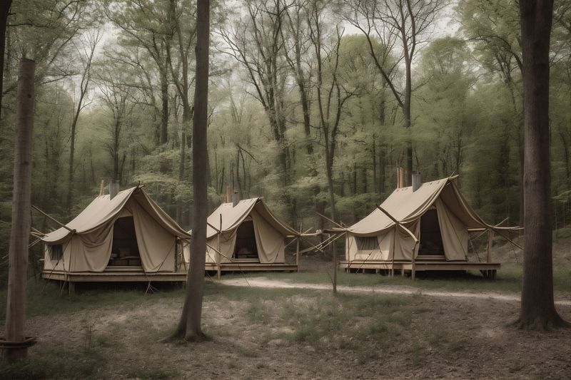 tent canvas vacation nature forest glamping luxury travel camping light. Generative AI.