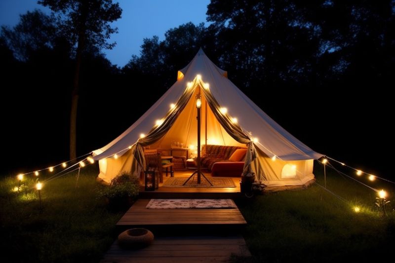 light camping vacation canvas tent nature glamping luxury travel forest. Generative AI.