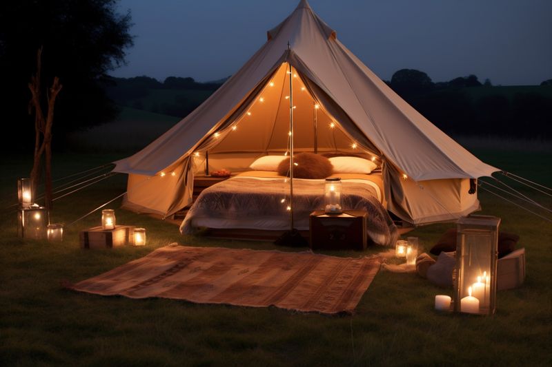 forest tent glamping nature travel luxury vacation canvas light camping. Generative AI.