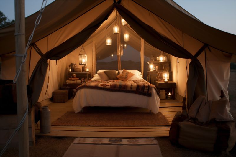 tent nature forest light camping luxury glamping vacation canvas travel. Generative AI.