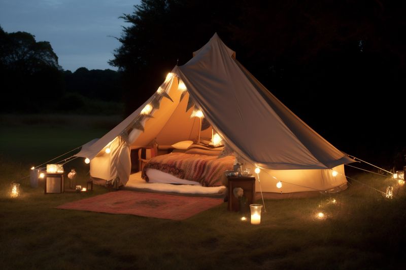 camping glamping luxury forest light canvas tent travel vacation nature. Generative AI.