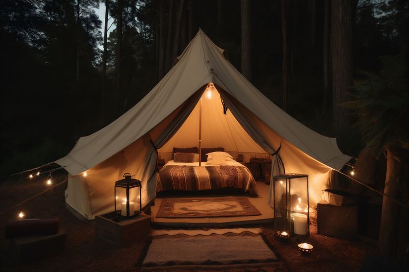 travel vacation camping glamping nature luxury forest canvas light tent. Generative AI.