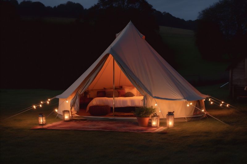 nature forest travel luxury canvas glamping vacation camping light tent. Generative AI.