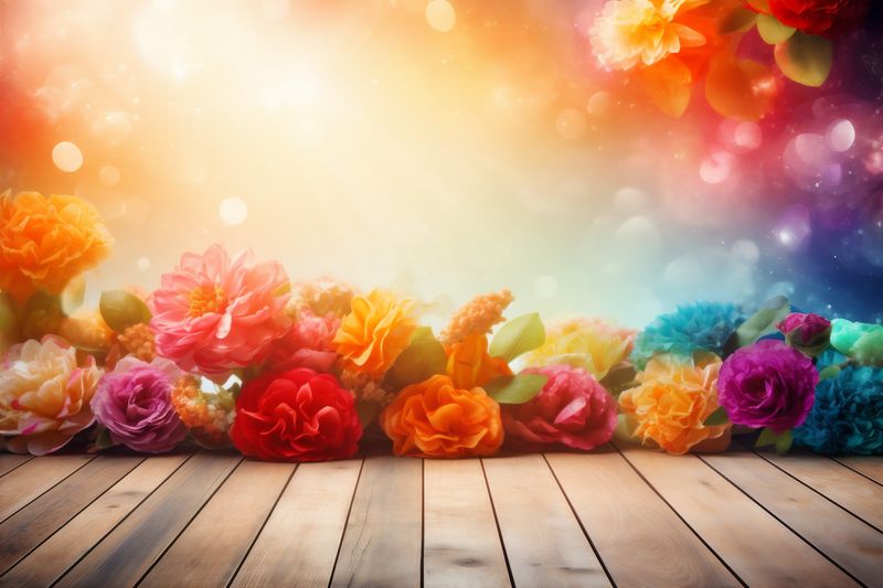 table leaf design texture wood wooden flowers bokeh background rustic board. Generative AI.