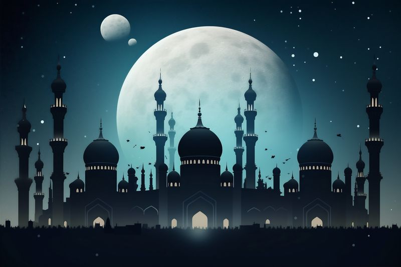mosque ramadan arabic religion muslim moon islam architecture culture night. Generative AI.