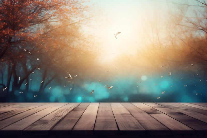 design rustic leaf flowers background bokeh wood wooden board table space. Generative AI.