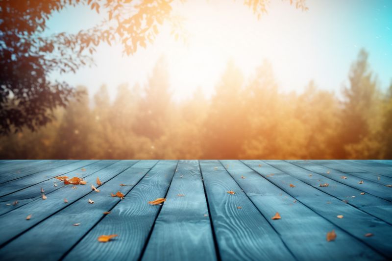 rustic wooden design leaf seasonal wood flowers table bokeh background board. Generative AI.