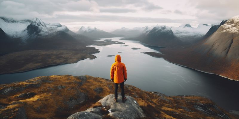 man alps lake mountain nature hiking travel cape yellow back water. Generative AI.