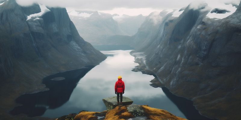 travel man mountain yellow water lake nature back hiking cape hill. Generative AI.