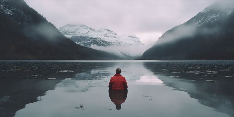 man mountain river back travel hiking lake cape yellow water nature. Generative AI.