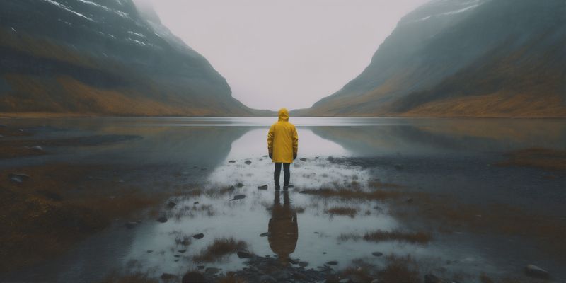 hiking man cape travel nature lake water mountain yellow back tent. Generative AI.