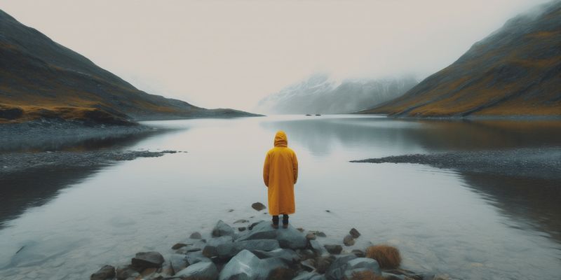 mountain man lake nature back yellow hiking lifestyle travel water cape. Generative AI.