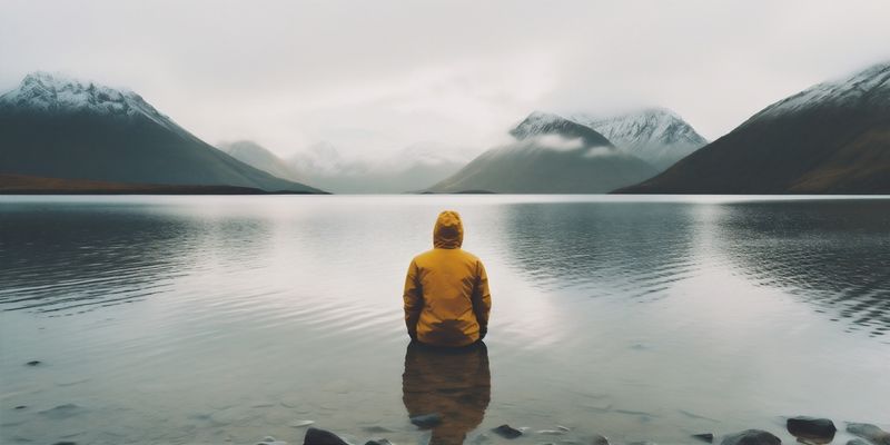 man mountain travel nature back hiking cape water sitting lake yellow. Generative AI.