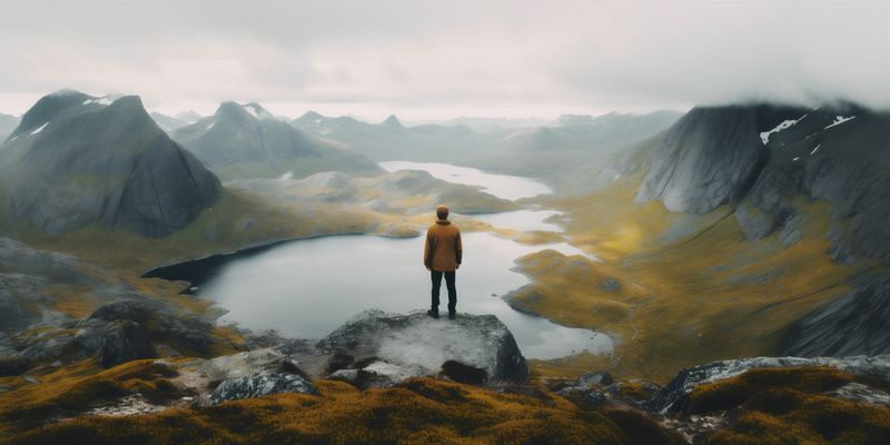 man yellow mountain cape tour lake tourism nature travel back hiking water. Generative AI.