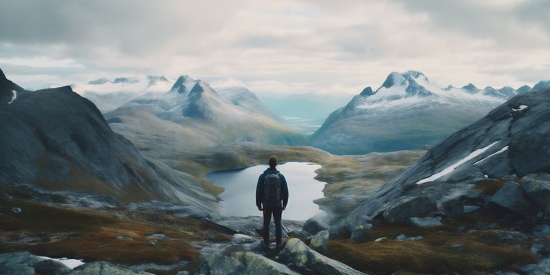 back man water yellow travel nature hiking cloud cape lake mountain. Generative AI.