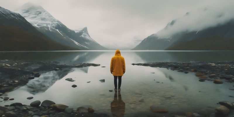 man travel cape mountain nature hiker water yellow back hiking lake. Generative AI.