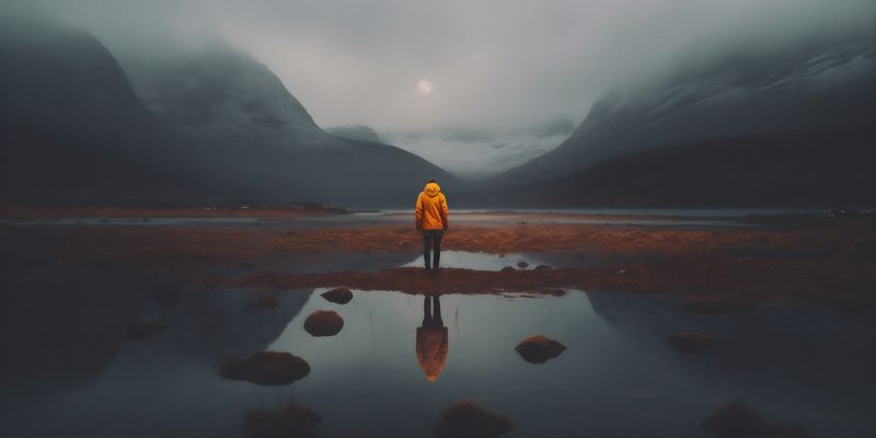 nature man back hiking lake mountain yellow travel backpack cape water. Generative AI.