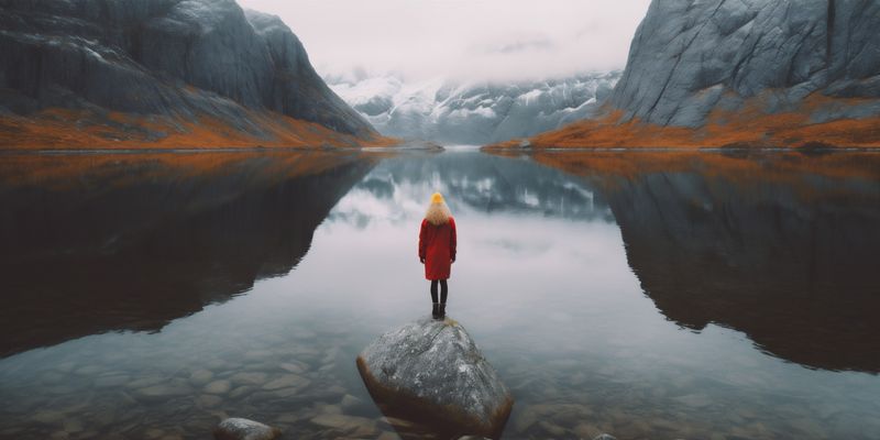 lake man mountain travel hiking vacation back water nature yellow cape. Generative AI.