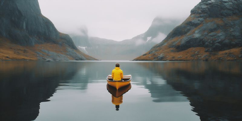 nature man lake water travel back beautiful yellow hiking cape mountain. Generative AI.