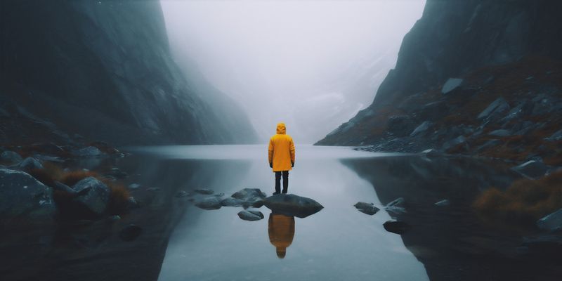 hiking man water nature travel yellow adult mountain back lake cape. Generative AI.